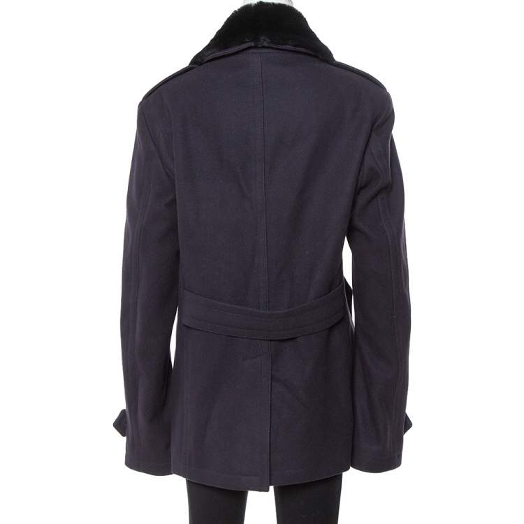 Pre Owned Burberry Navy Blue Wool Shearling Collar Double Breasted Coat XL