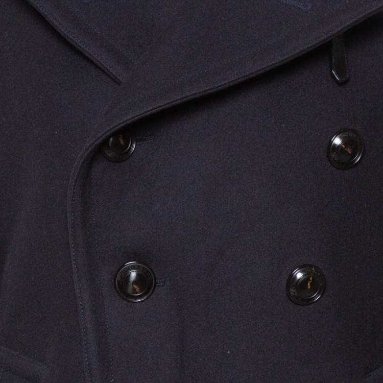 Pre Owned Burberry Navy Blue Wool Shearling Collar Double Breasted Coat XL
