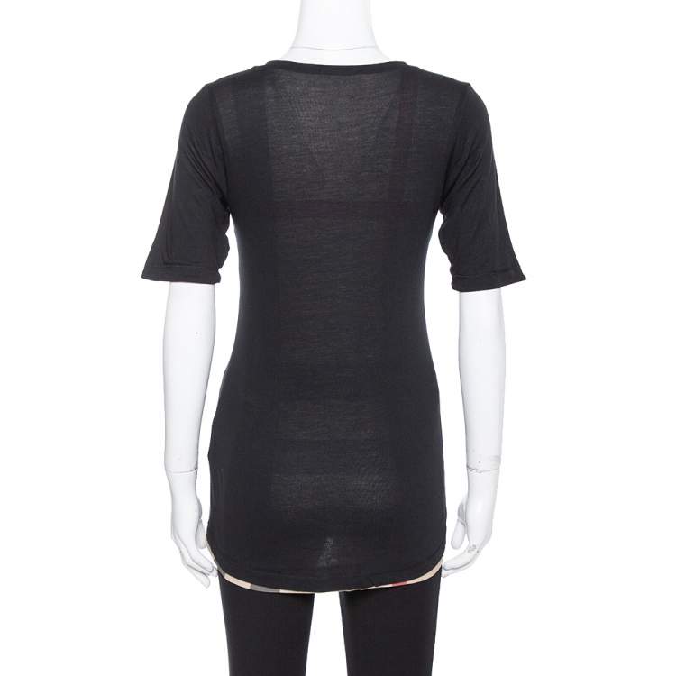 Pre Owned Burberry Black Stretch Knit Novacheck Trim T-Shirt XS