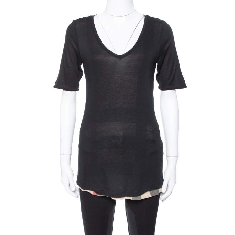 Pre Owned Burberry Black Stretch Knit Novacheck Trim T-Shirt XS
