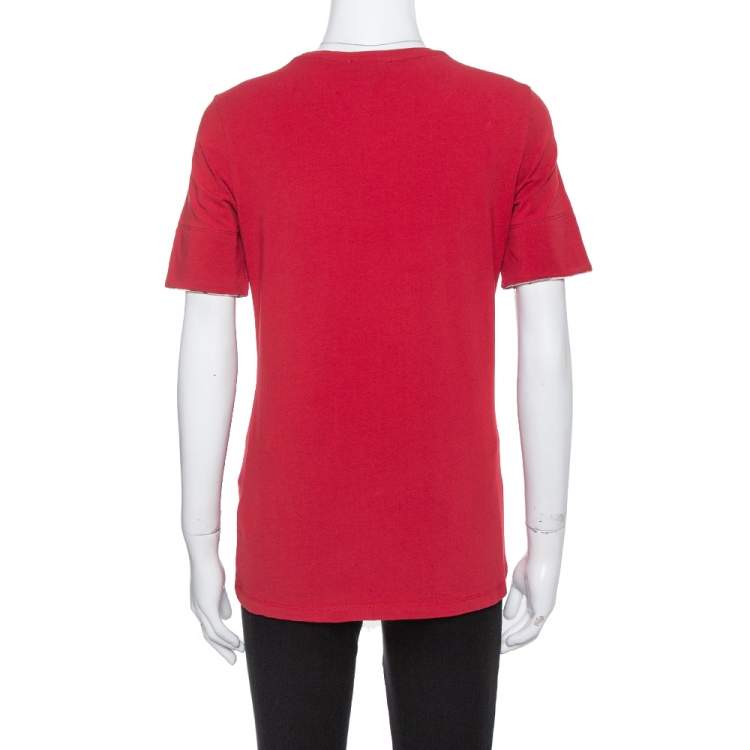 Pre Owned Burberry Red Nova Check Trimmed T Shirt M