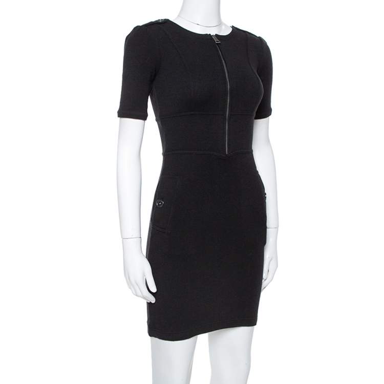 Pre Owned Burberry Black Wool Front Zip Midi Dress XS