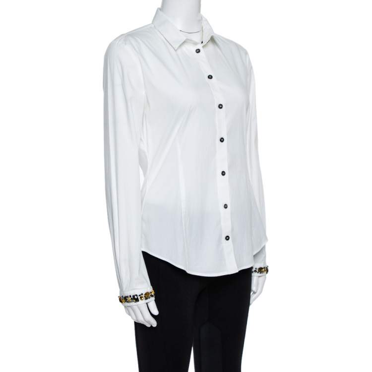 Pre Owned Burberry Brit White Cotton Jewel Embellished Cuff Long Sleeve Shirt M