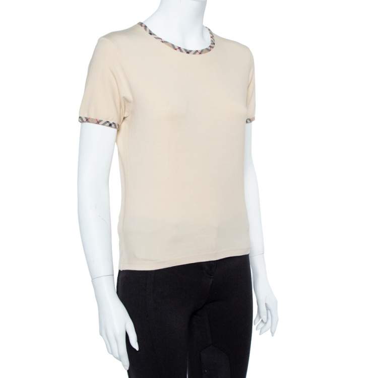 Pre Owned Burberry Beige Cotton Check Trimmed Round Neck T-Shirt M