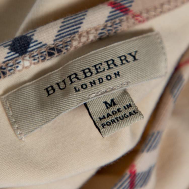 Pre Owned Burberry Beige Cotton Check Trimmed Round Neck T-Shirt M