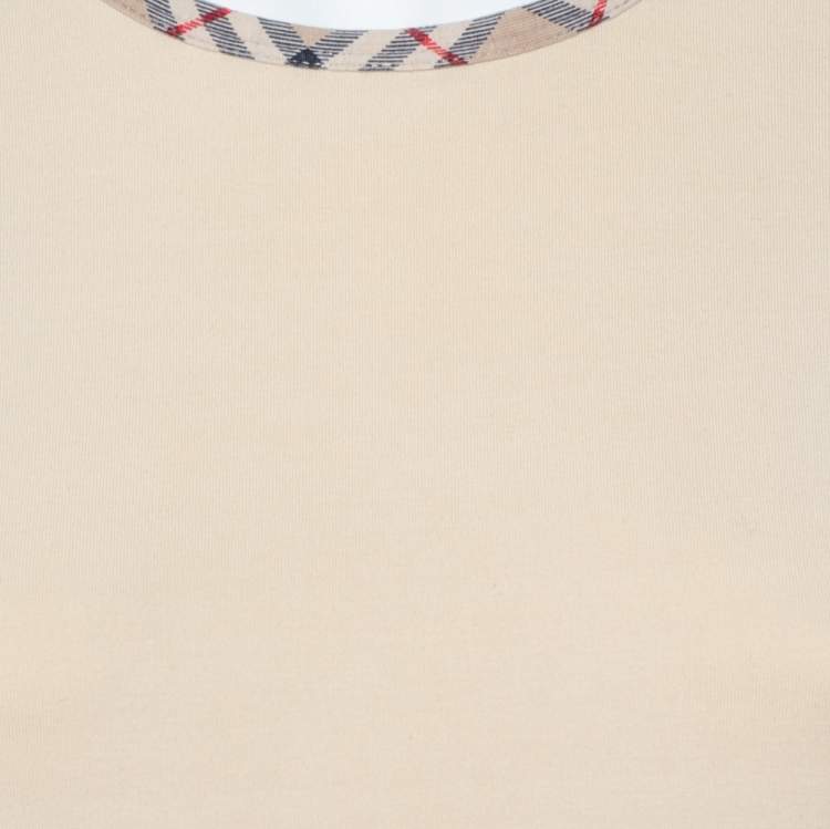 Pre Owned Burberry Beige Cotton Check Trimmed Round Neck T-Shirt M