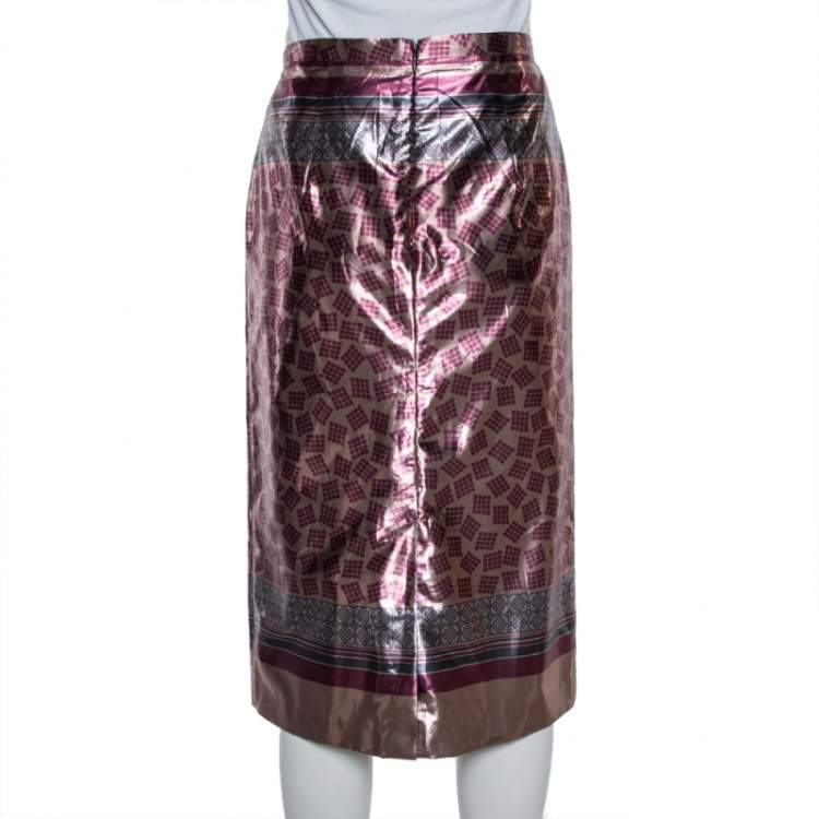 Pre Owned Burberry Champagne Pink Printed Lamé Pencil Skirt M