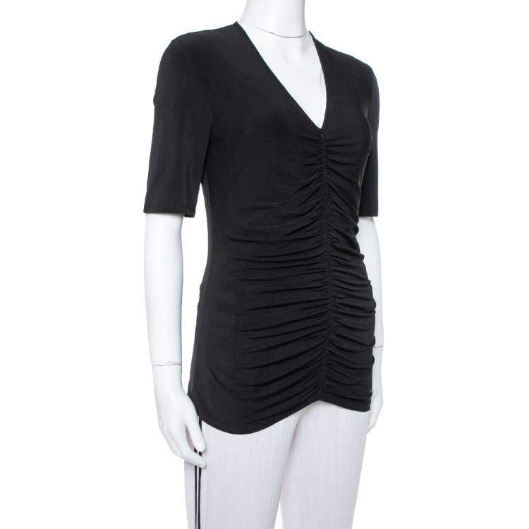 Pre Owned Burberry Black Stretch Knit Ruched V-Neck Top S