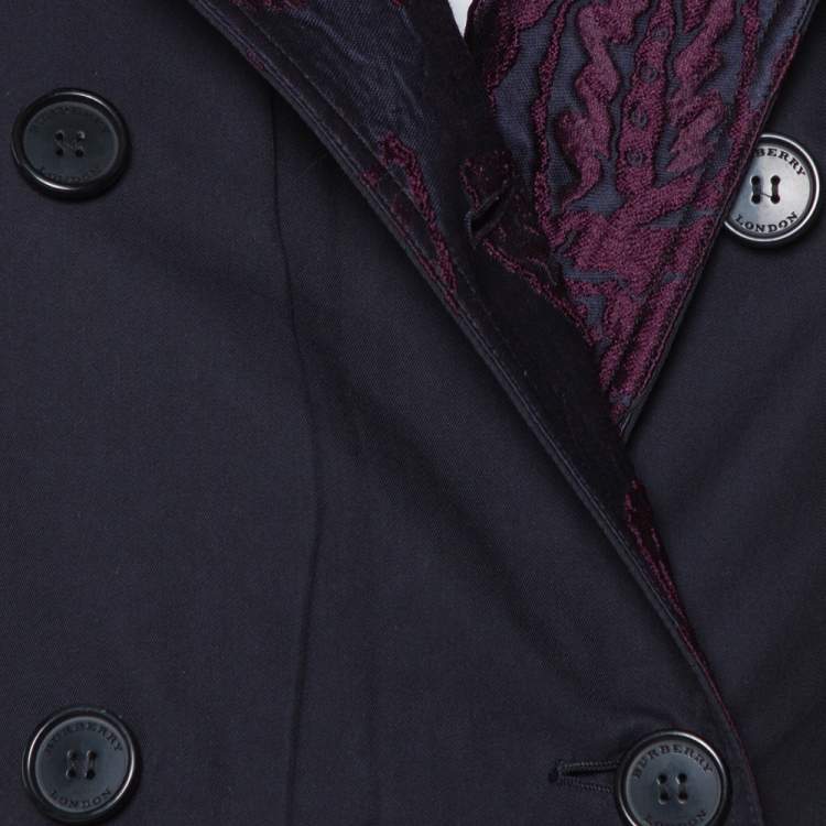 Pre Owned Burberry Midnight Blue Gabardine & Jacquard Lapel Detail Trench Coat S