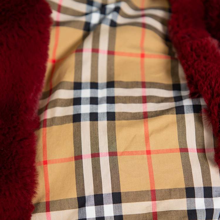 Pre Owned Burberry Burgundy Faux Fur Collared Cape Jacket XS