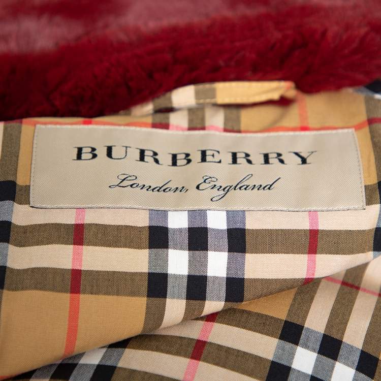Pre Owned Burberry Burgundy Faux Fur Collared Cape Jacket XS