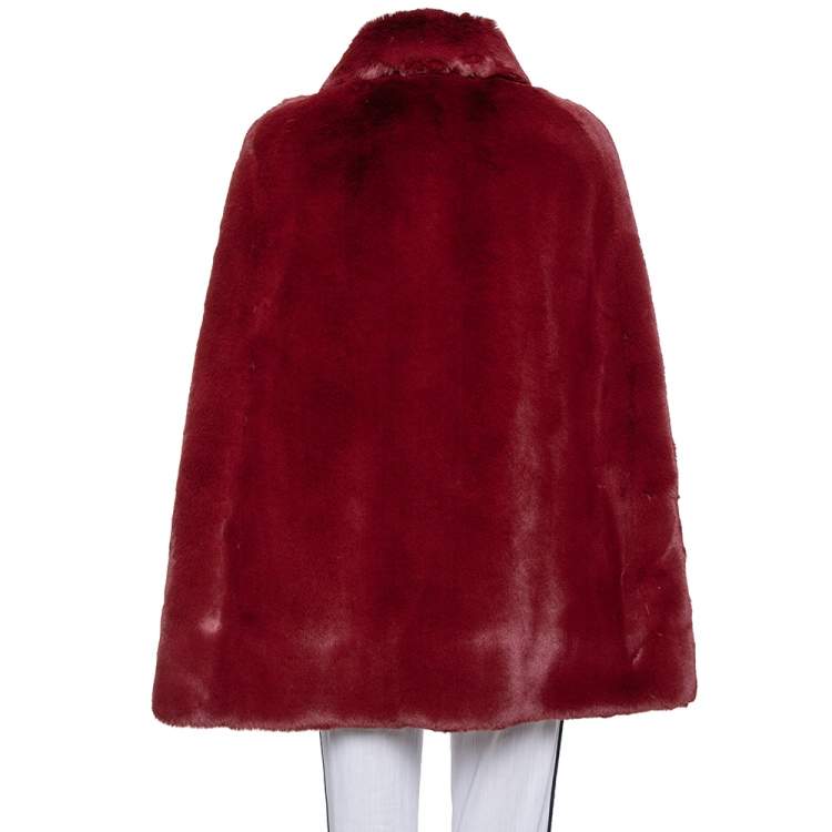 Pre Owned Burberry Burgundy Faux Fur Collared Cape Jacket XS