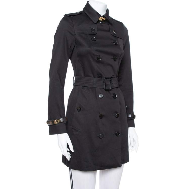 Pre Owned Burberry Black Cotton Paneled Belted Mid Length Coat XS