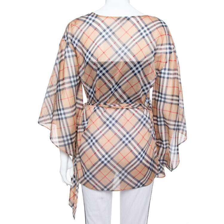 Pre Owned Burberry Beige Novacheck Cotton Kimono Sleeve Sheer Wrap Top M