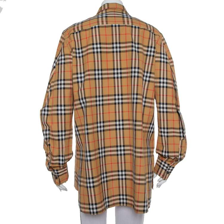 Pre Owned Burberry Beige Vintage Check Patterned Cotton Neck tie Detail Shirt L