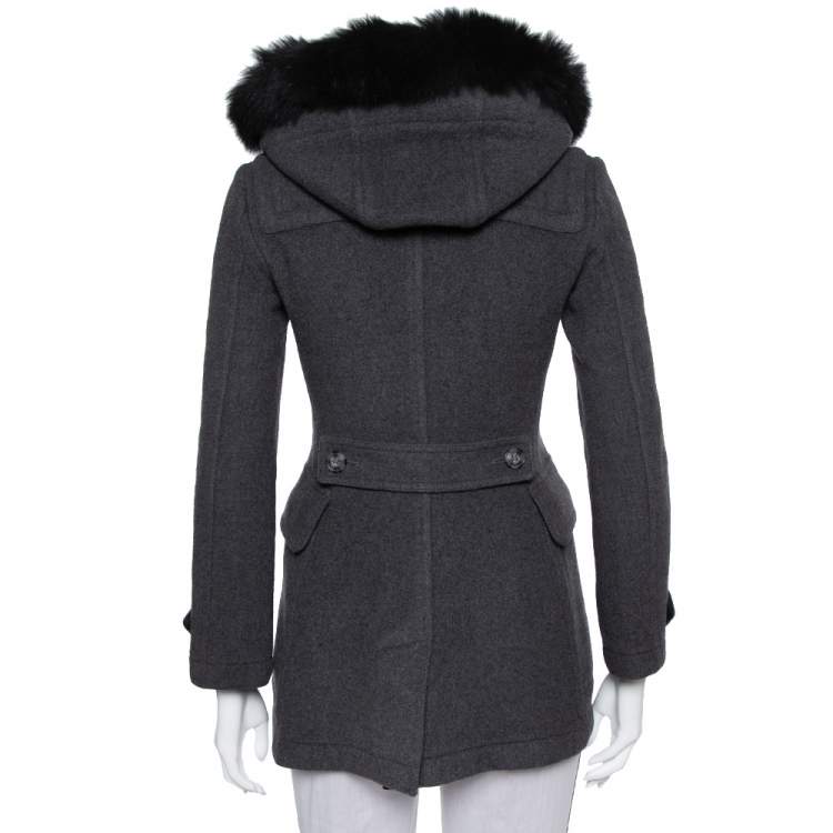 Pre Owned Burberry Brit Grey Wool Fur Trim Detail Hooded Mid Length Coat XS