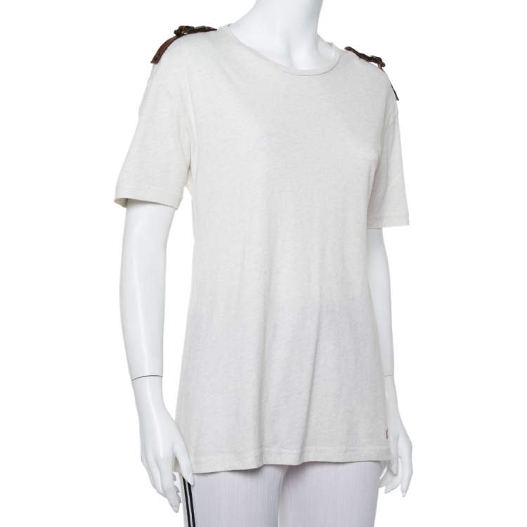 Pre Owned Burberry Brit Cream Knit Leather Belt Detail Short Sleeve T-Shirt S