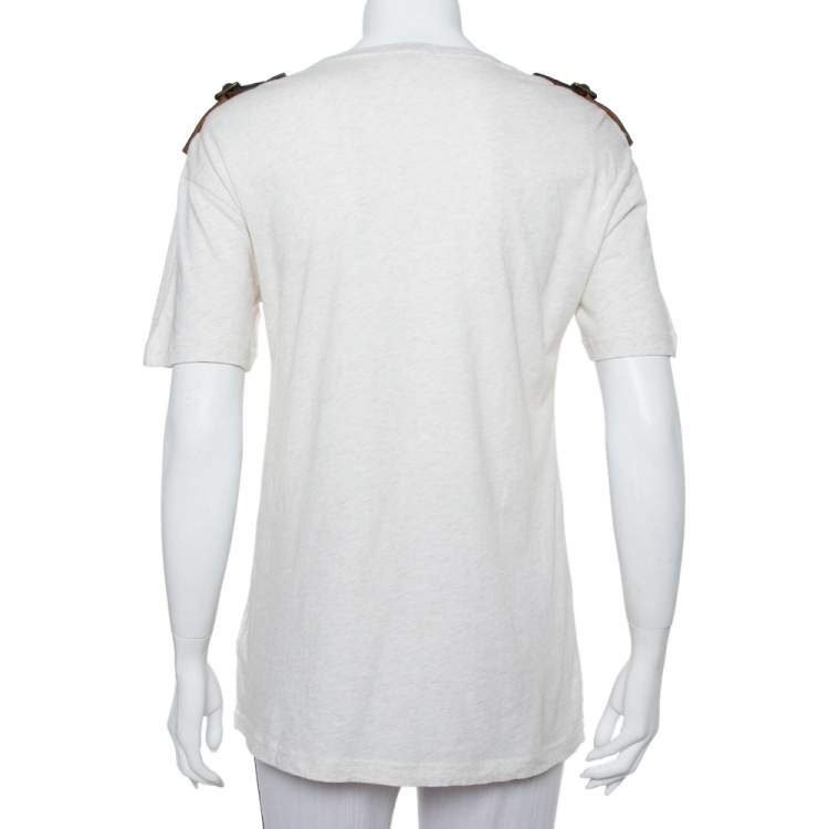 Pre Owned Burberry Brit Cream Knit Leather Belt Detail Short Sleeve T-Shirt S