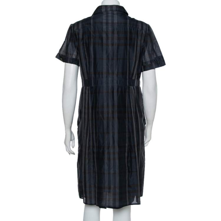 مملوكة مسبقًا Burberry Navy Blue Checkered Cotton Silk Midi Dress L