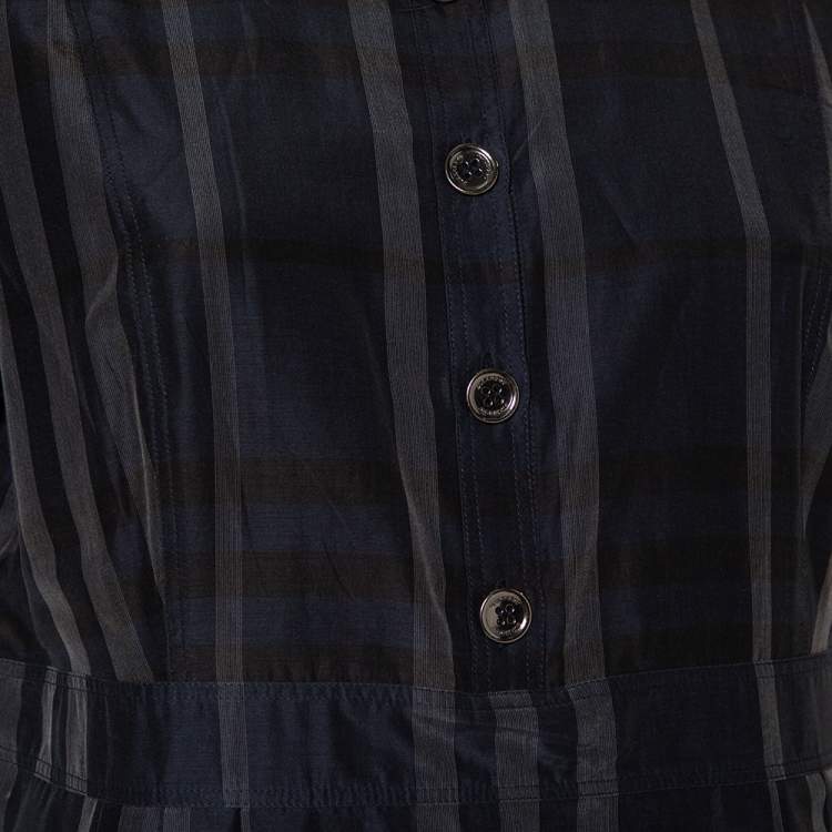 مملوكة مسبقًا Burberry Navy Blue Checkered Cotton Silk Midi Dress L