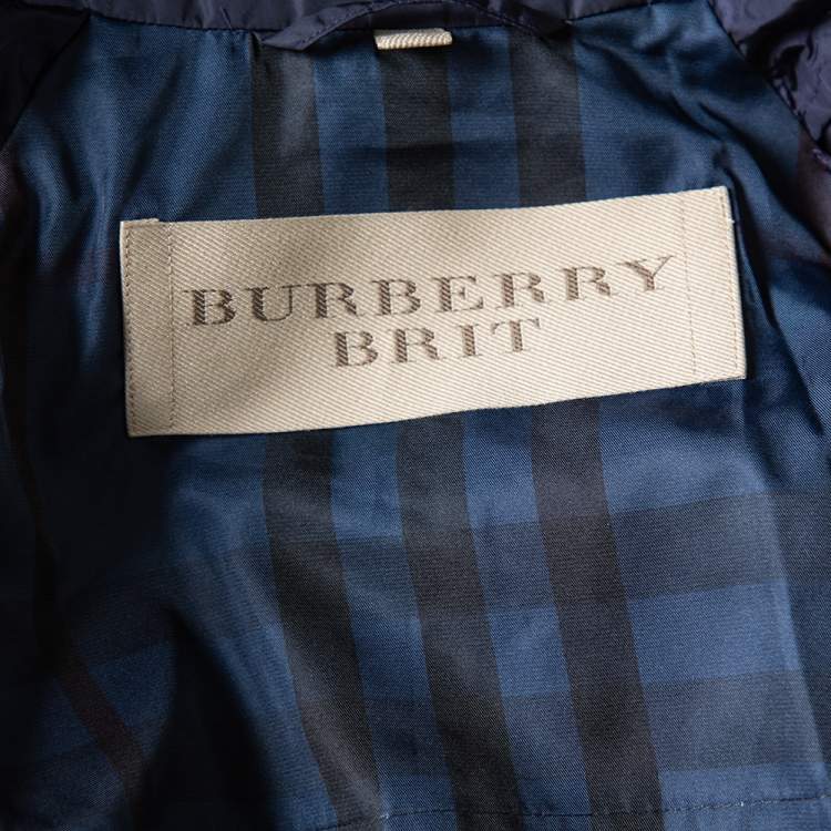 Pre Owned Burberry Brit Navy Blue Synthetic Hooded Tanbridge Parka Jacket XS