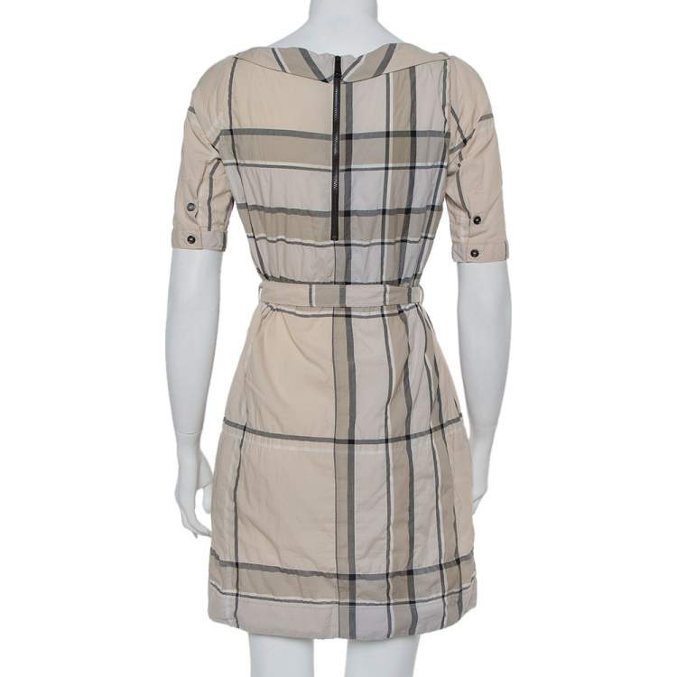 Pre Owned Burberry Brit Beige Checkered Pattern Cotton Belted Mischa Dress XS