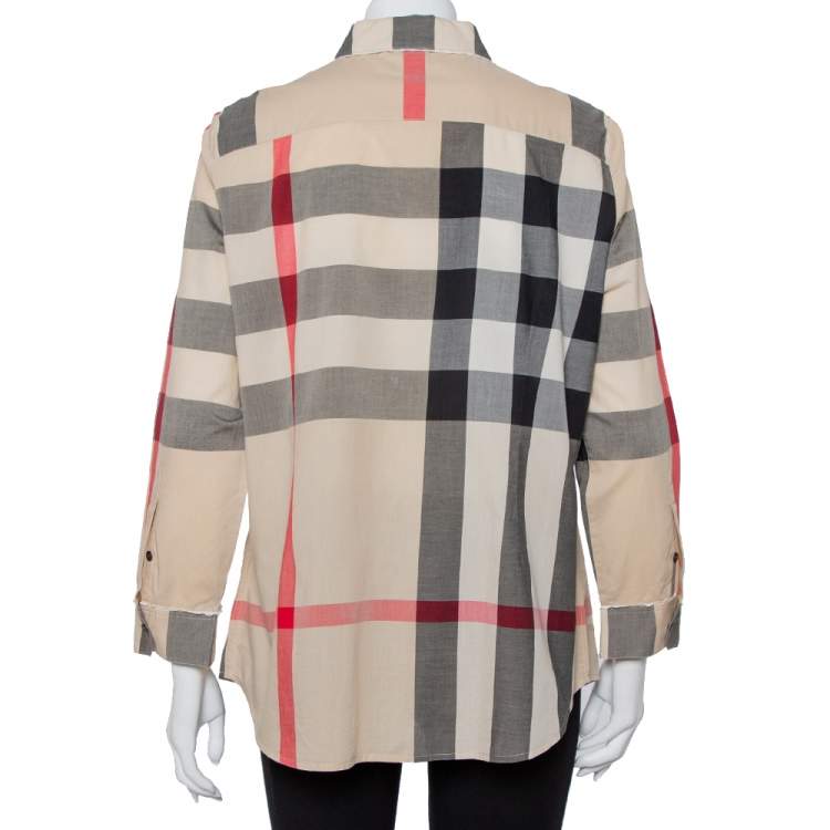 Pre Owned Burberry Beige Vintage Check Cotton Lace Detail Button Front Shirt L