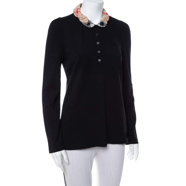 Pre Owned Burberry Brit Black Cotton Pique Contrast Collar Detail Long Sleeve T-Shirt L