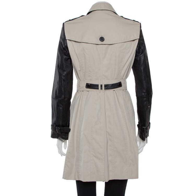 Pre Owned Burberry Beige Cotton & Leather Double Breasted Trench Coat M