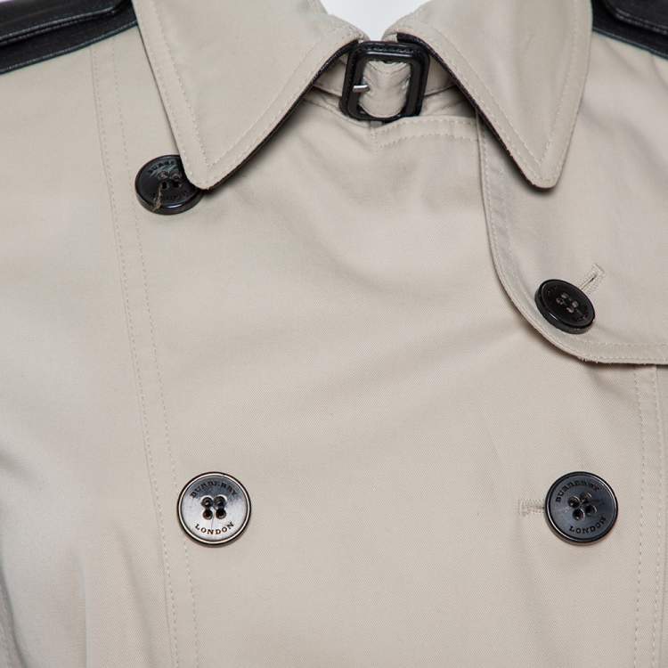 Pre Owned Burberry Beige Cotton & Leather Double Breasted Trench Coat M