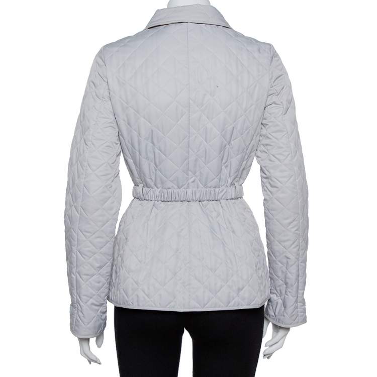 Pre Owned Burberry Silver Synthetic Quilted Belted Collared Jacket M
