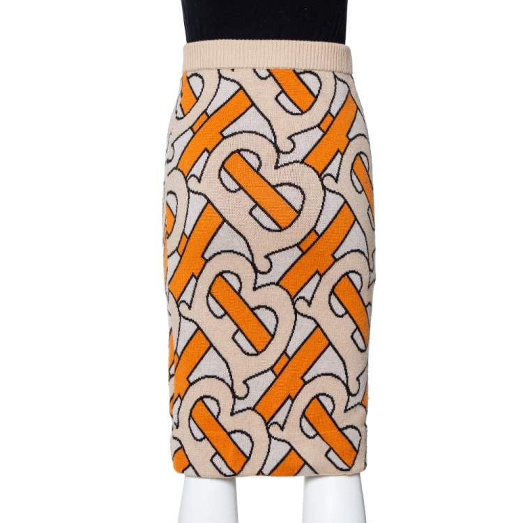 مملوكة مسبقًا Burberry Beige & Orange Logo Jacquard Wool Midi Skirt S