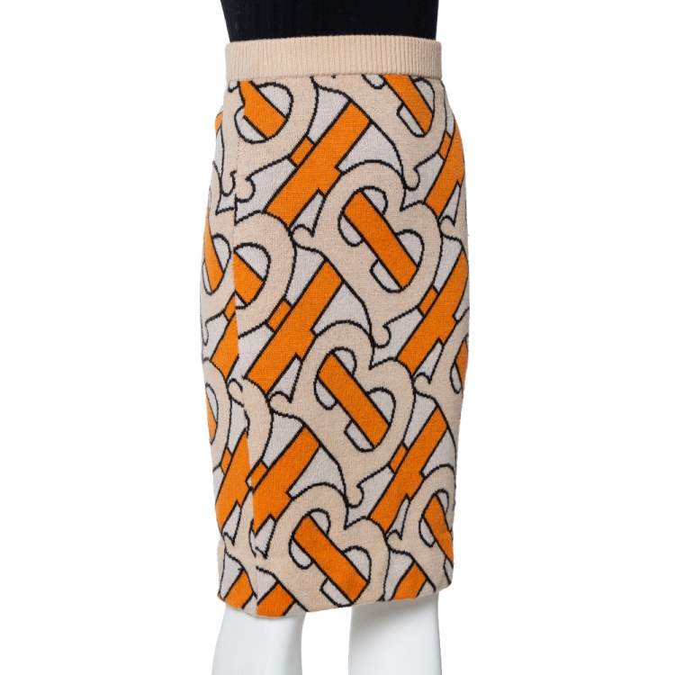 مملوكة مسبقًا Burberry Beige & Orange Logo Jacquard Wool Midi Skirt S