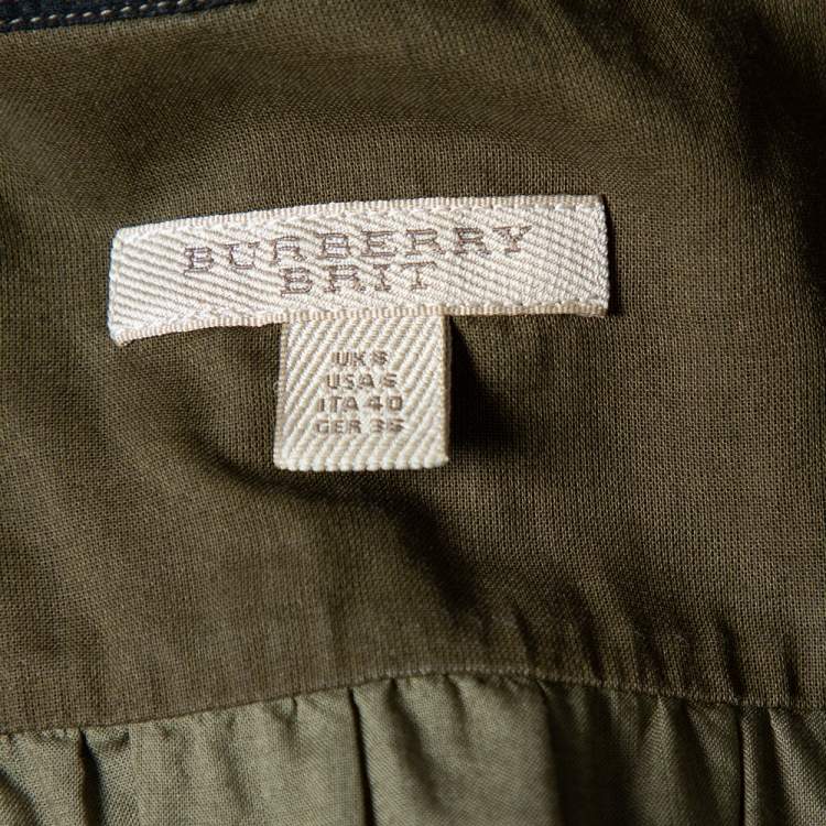 Pre Owned Burberry Brit Military Green Plaided Cotton Zipper Front Shift Dress S