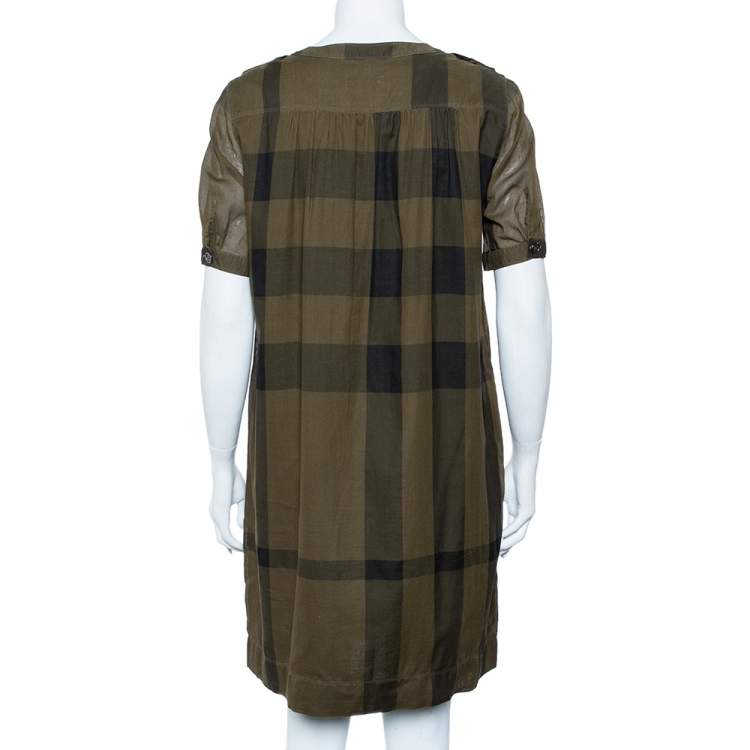 Pre Owned Burberry Brit Military Green Plaided Cotton Zipper Front Shift Dress S