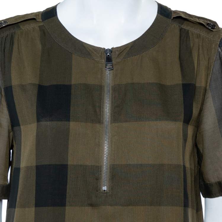 Pre Owned Burberry Brit Military Green Plaided Cotton Zipper Front Shift Dress S
