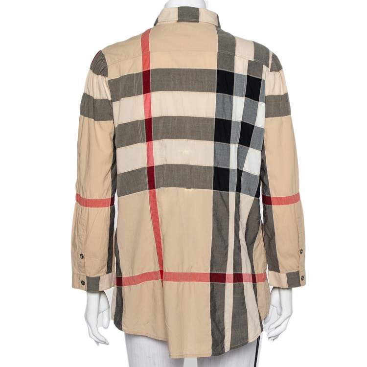 Pre Owned Burberry Brit Beige Nova Check Cotton Puff Sleeve Button Front Shirt XL