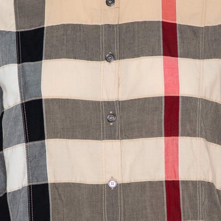 Pre Owned Burberry Brit Beige Nova Check Cotton Puff Sleeve Button Front Shirt XL