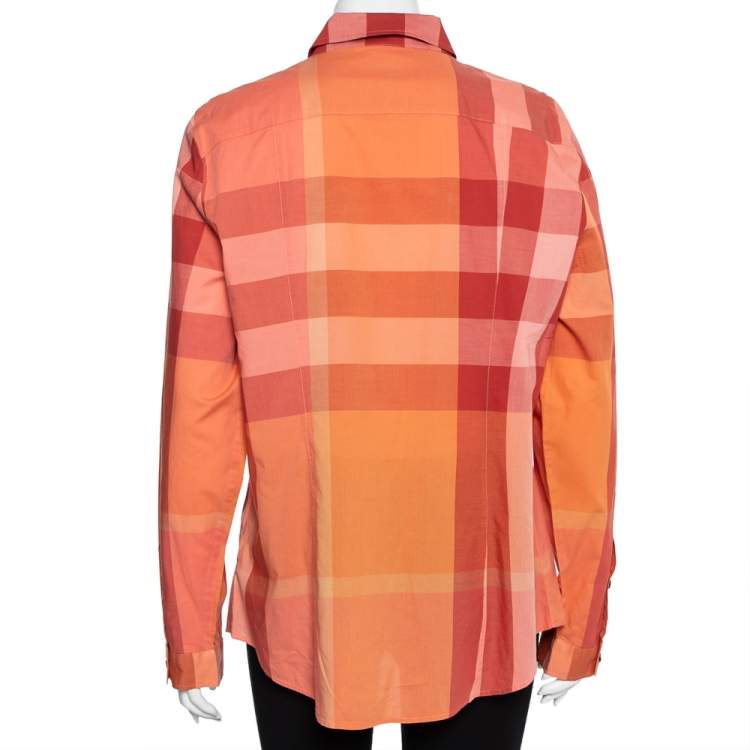 Pre Owned Burberry Brit Orange Checkered Cotton Button Front Shirt XL