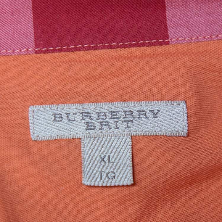 Pre Owned Burberry Brit Orange Checkered Cotton Button Front Shirt XL