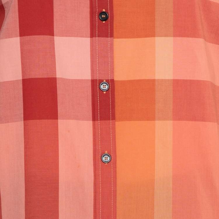 Pre Owned Burberry Brit Orange Checkered Cotton Button Front Shirt XL