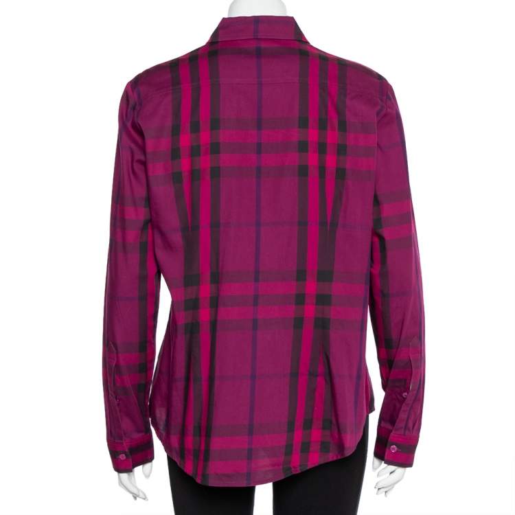 Pre Owned Burberry Brit Purple Checkered Cotton Button Front Shirt XL