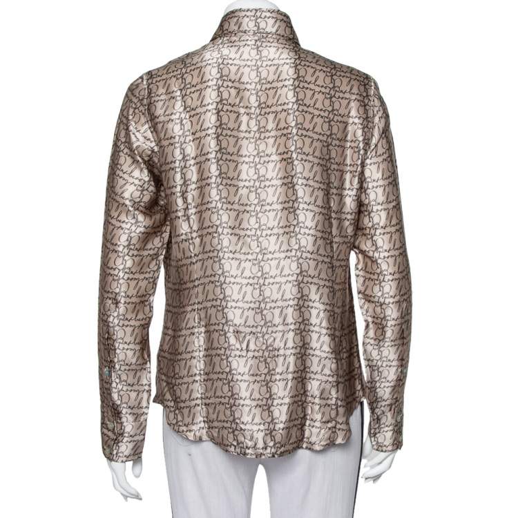 Pre Owned Burberry London Beige Logo Printed Silk Long Sleeve Button Front Shirt L