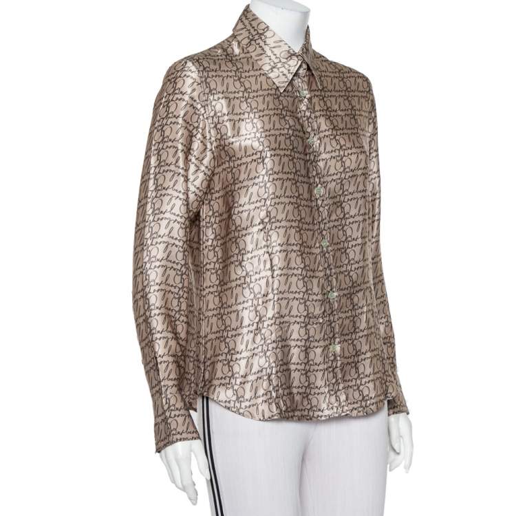 Pre Owned Burberry London Beige Logo Printed Silk Long Sleeve Button Front Shirt L