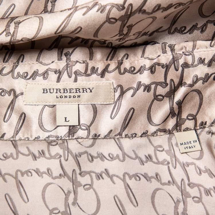 Pre Owned Burberry London Beige Logo Printed Silk Long Sleeve Button Front Shirt L