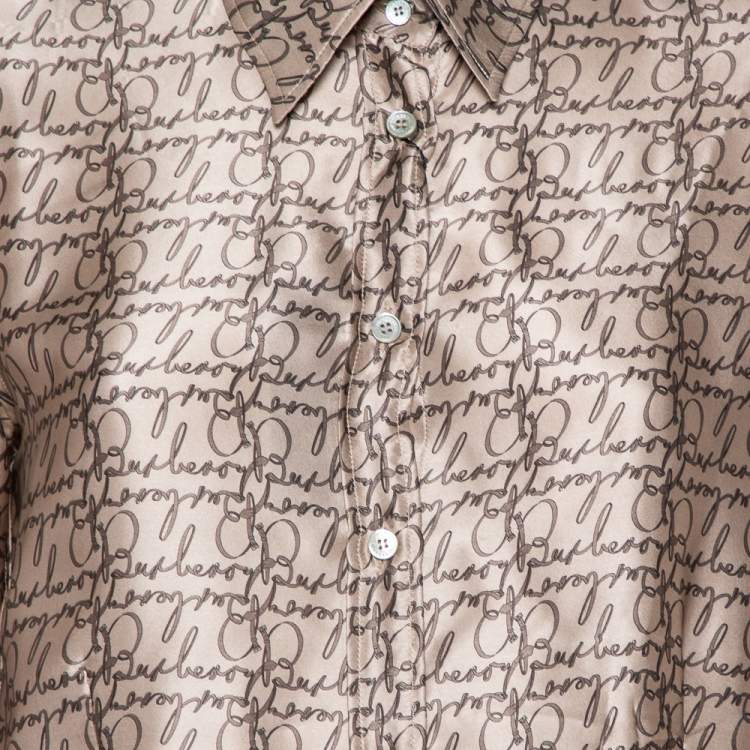 Pre Owned Burberry London Beige Logo Printed Silk Long Sleeve Button Front Shirt L