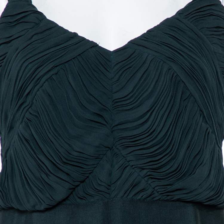 Pre Owned Burberry Dark Green Chiffon Plisse Detail Sleeveless Sheath Dress L