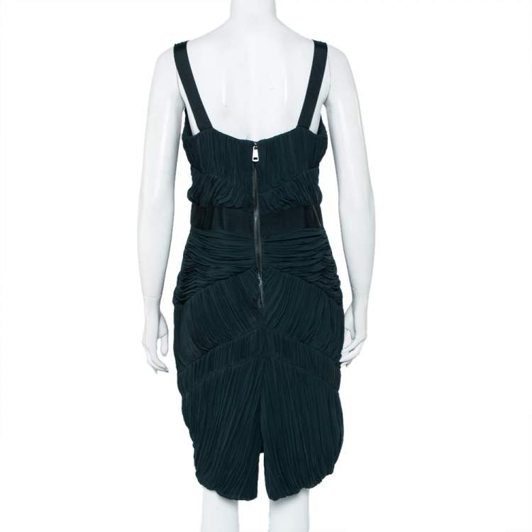 Pre Owned Burberry Dark Green Chiffon Plisse Detail Sleeveless Sheath Dress L