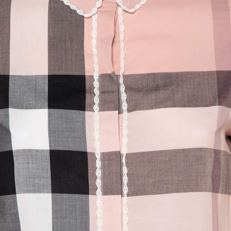 Pre Owned Burberry Pink Check Patterned Cotton Lace Trim Detail Shirt S