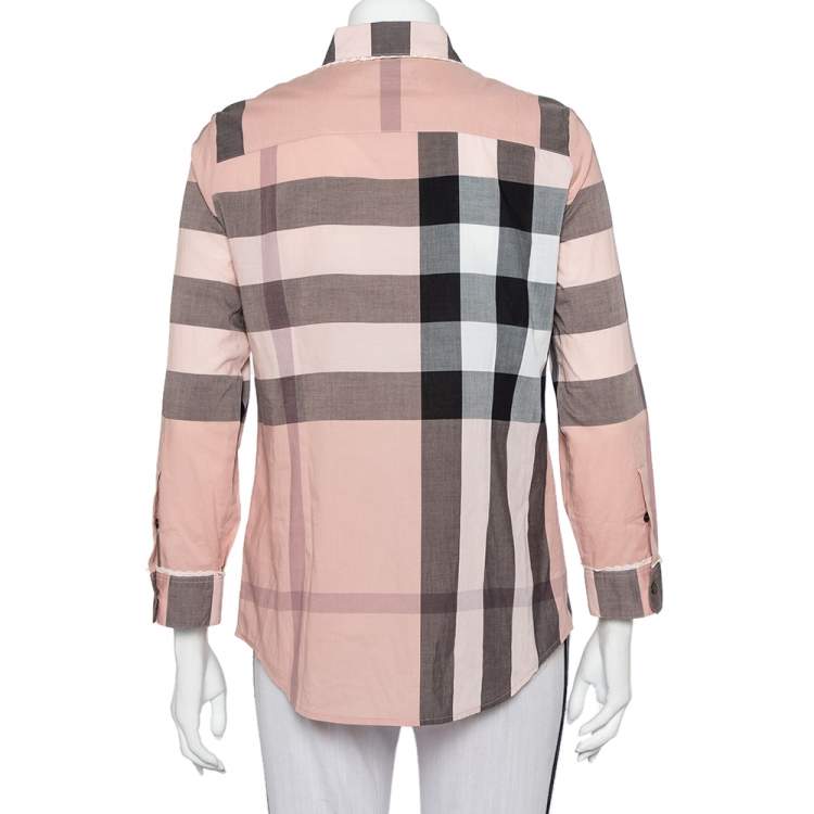Pre Owned Burberry Pink Check Patterned Cotton Lace Trim Detail Shirt S